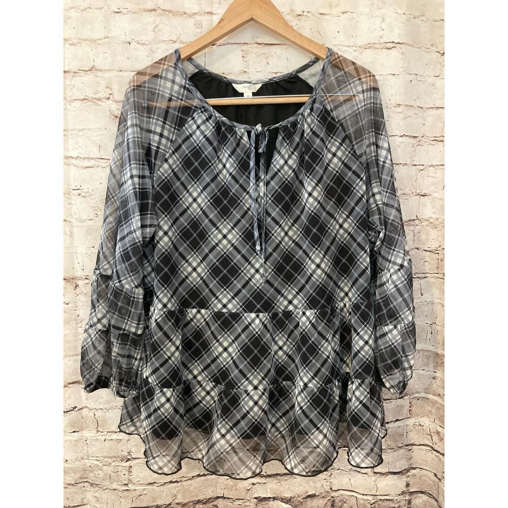 Terra & Sky Babydoll Top Womens 1X Gray Plaid Mesh Flowy Balloon Sleeve Stretch